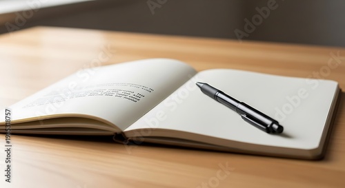 Open notebook displays text with a pen resting on the page.