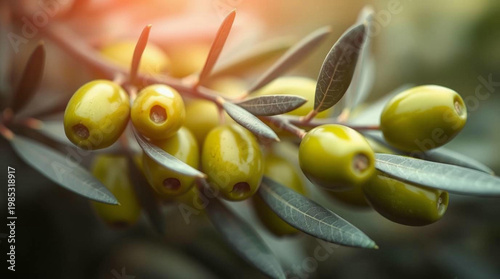 Olive Branch with Green Olives in Natural Sunlight