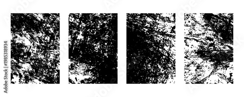 Set of four grunge textures, distressed overlay patterns, black and white abstract backgrounds, rough surface effects for design elements