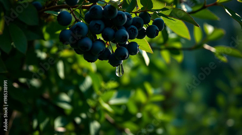 Fresh Blueberries on Plant with Water Drops in Sunlight