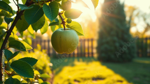 Green Apples Growing on Tree in Sunny Garden