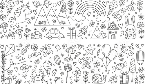 Collection of hand drawn doodle seamless patterns featuring unicorns mountains rainbows and cute animals for kids nursery wallpaper design and creative fabric textile projects