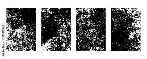 Set of four grunge textures, distressed overlay patterns, black and white abstract backgrounds for design, rough surface effects, vector illustration