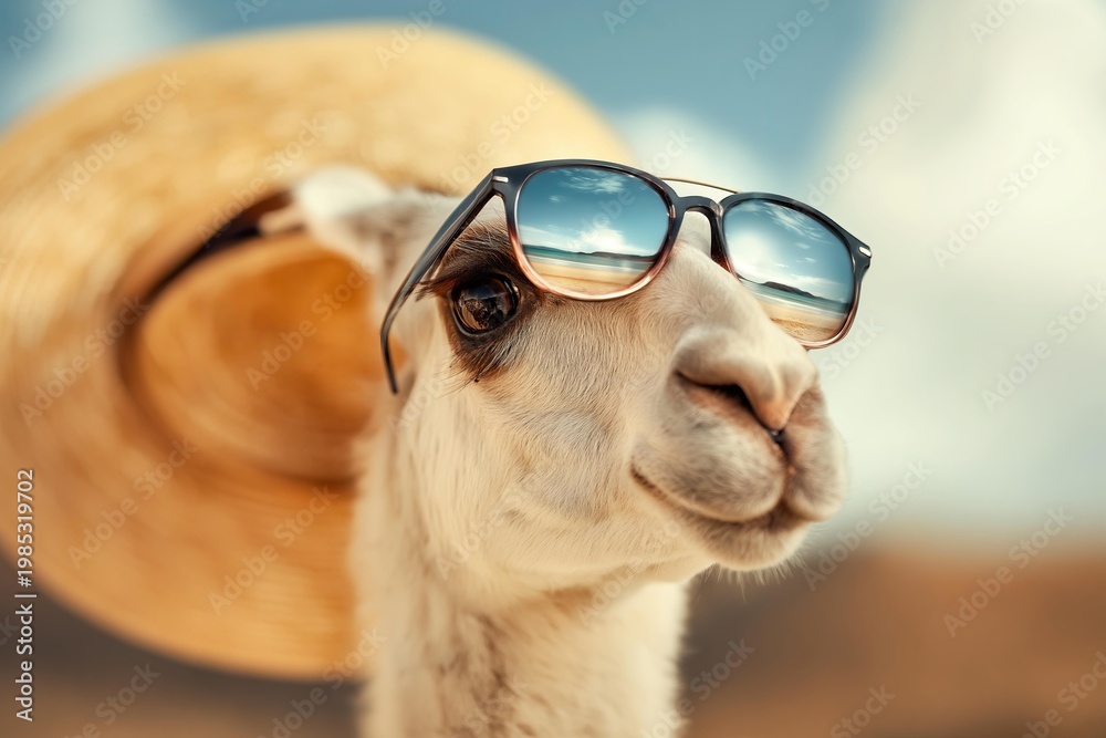 Fototapeta premium A cool llama wearing sunglasses and a straw hat at the beach