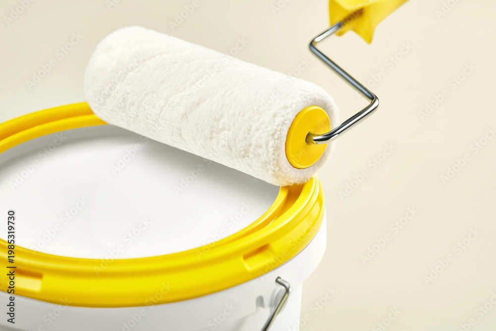 Obraz premium Paint roller resting on the edge of a white paint bucket with yellow rim