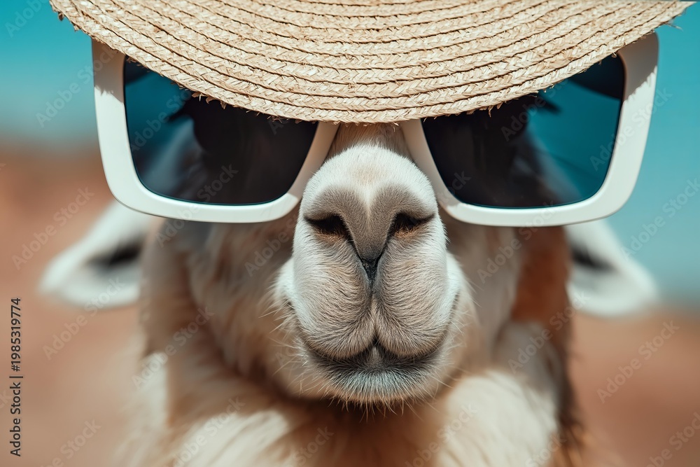 Fototapeta premium Close-up of a llama wearing sunglasses and a straw hat, looking cool