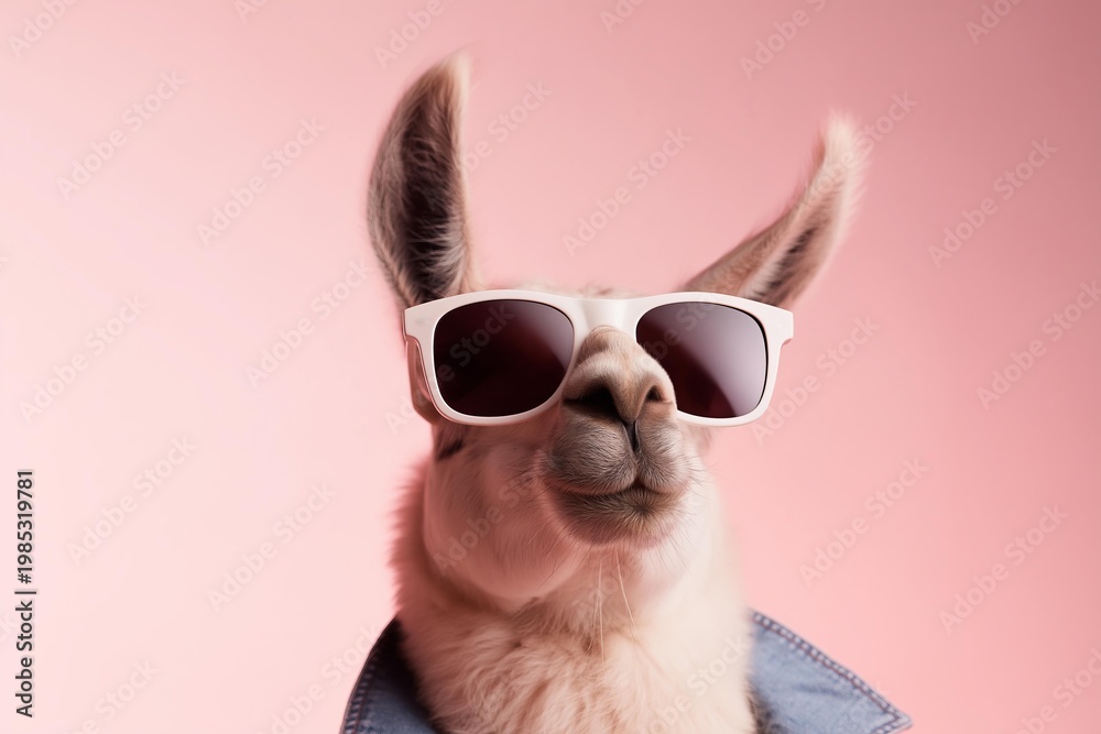 Fototapeta premium Cool llama wearing sunglasses and denim jacket against a pink background