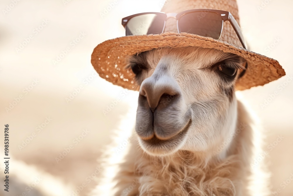 Fototapeta premium Close-up of a llama wearing sunglasses and a straw hat on a sunny day