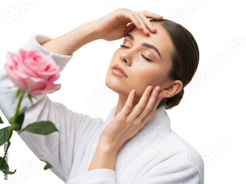Young woman smelling pink rose in soft natural light for relaxation and wellness