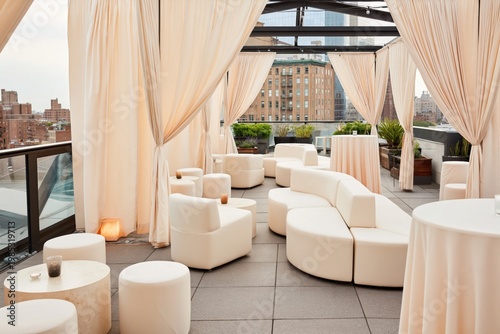 Rooftop lounge provides an elegant setting for events with white curved seating and soft fabric curtains overlooking the city skyline.