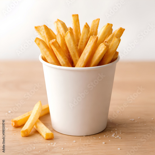 Golden French Fries in a White Cup on a Wooden Table.