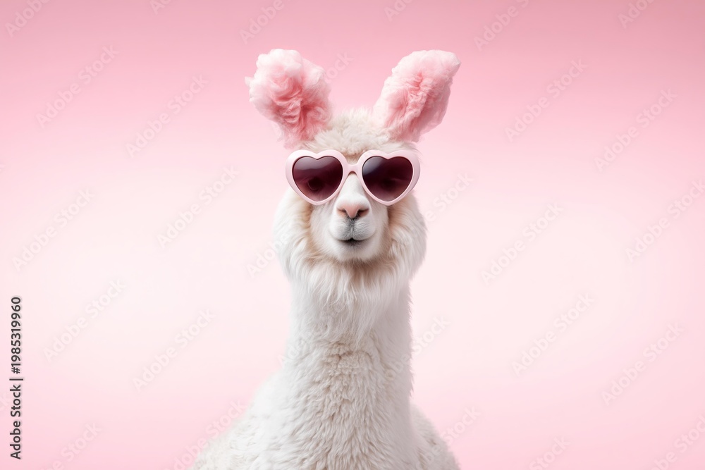 Fototapeta premium Cute white llama wearing pink heart sunglasses and fluffy bunny ears against a pink background