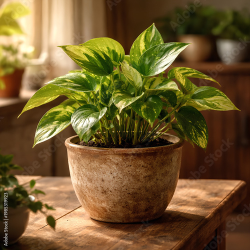 Golden Pothos Plant in a Rustic Ceramic Pot on Wooden Table.