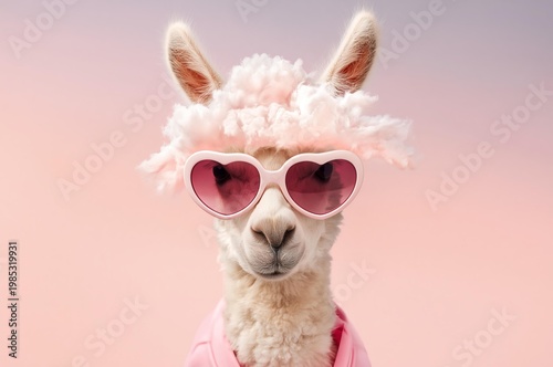 Cute llama wearing heart-shaped sunglasses and a pink hoodie