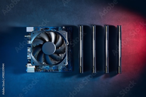Computer processor fan on motherboard next to RAM modules