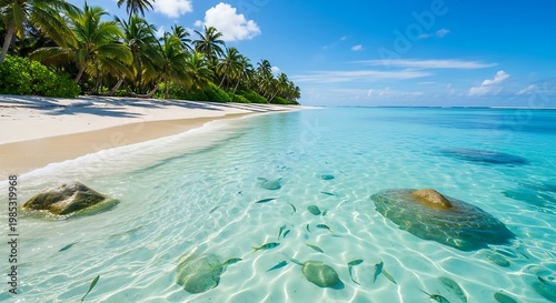 Tropical beach with clear turquoise water and palm trees.