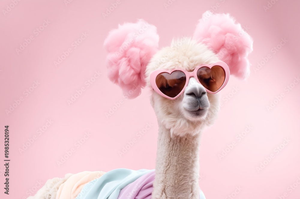Fototapeta premium A cute llama wearing heart-shaped sunglasses and fluffy pink decorations