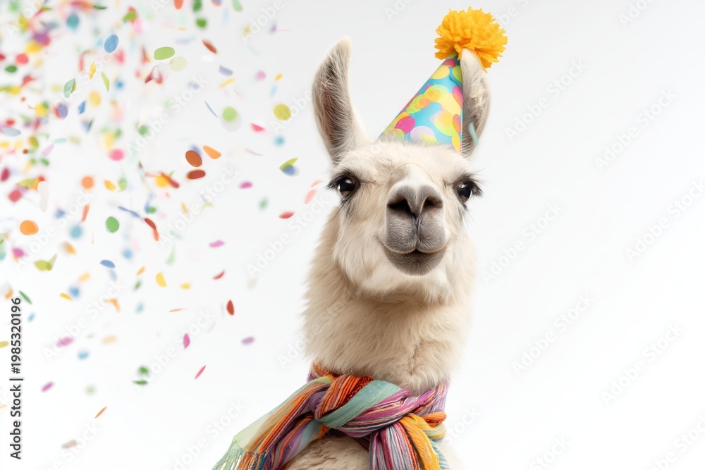 Fototapeta premium Happy llama wearing a party hat and scarf with confetti falling