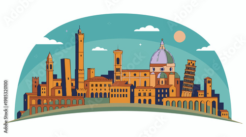 Stylized illustration of Italian city skyline with famous landmarks