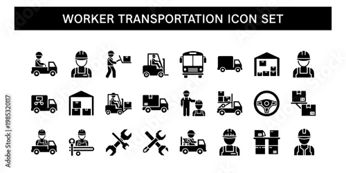 This professional and minimalist icon set provides detailed illustrations for worker transportation, logistics, and industrial business operations, perfect for website design and apps.