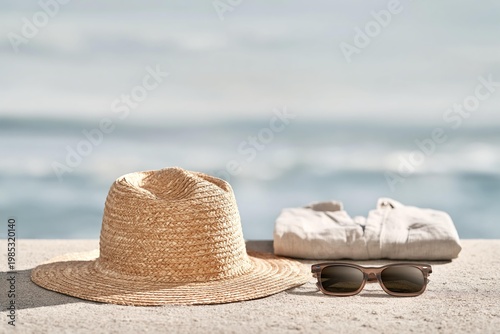 Summer beach accessories on sand with ocean background