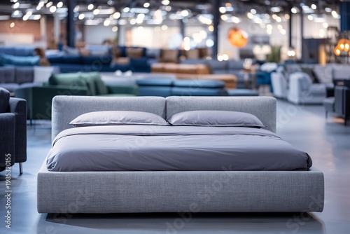 Modern gray upholstered bed with bedding and pillows in a furniture store