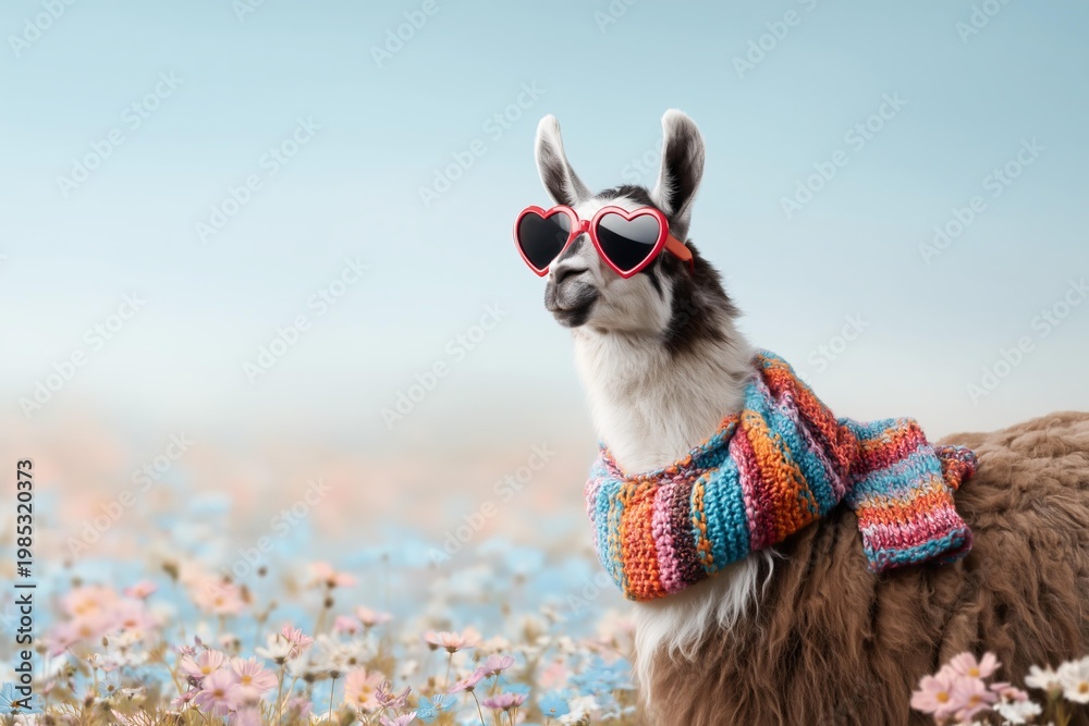Obraz premium Llama wearing heart sunglasses and a colorful scarf in a field of flowers