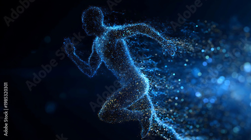 Dynamic silhouette of a person running against a dark backdrop, exuding energy and movement. The figure is composed of countless particles