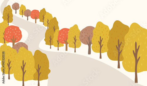 秋の並木道とカーブした散策路の公園風景背景イラスト