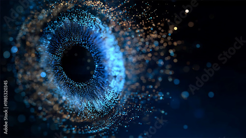 Abstract digital illustration of a human eye with particles floating around it, showcasing a modern artistic design and visual concept.