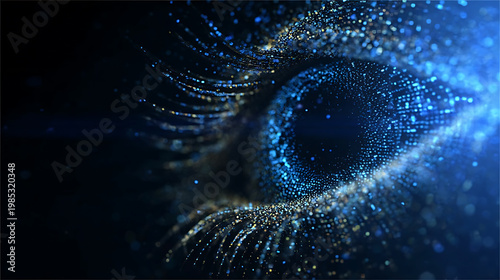 A Close-Up View of a Digital Eye, Representing Vision and Technology. This image showcases a captivating digital eye with blue and gold particles.