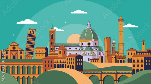 Flat design illustration of famous Italian landmarks cityscape