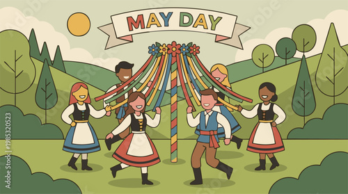 May Day Celebration with Diverse People Dancing Around a Maypole