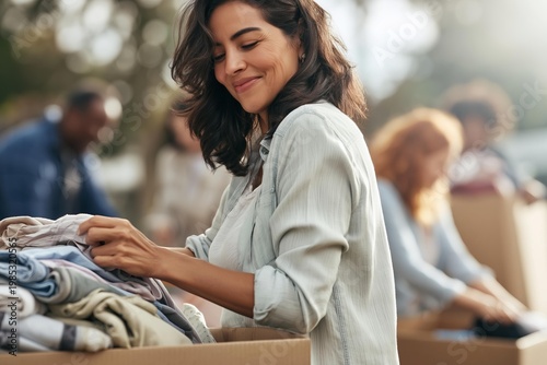Smiling woman sorting clothes for donation into a cardboard box outdoors