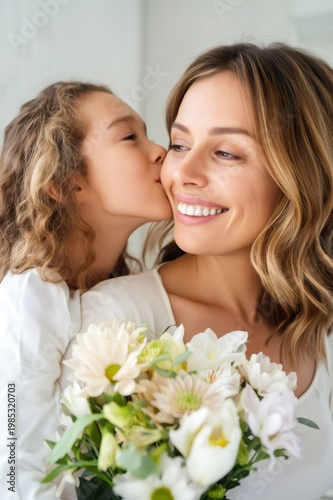 Daughter kissing mother, celebrating special moments with flowers