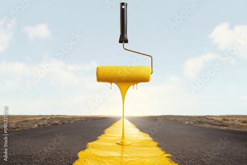 Paint roller creating a yellow line down the middle of a road