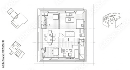 Architectural floor plan drawing with elevations.