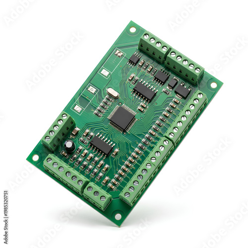 Green circuit board with electronic components and connectors for industrial applications.