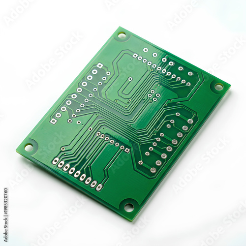 Green Circuit Board with Electronic Components and Traces.
