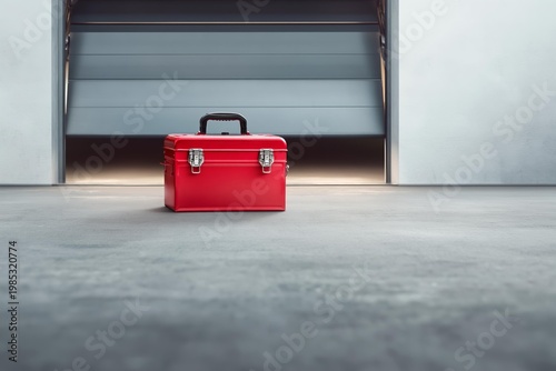 Red toolbox in front of a modern garage door opening