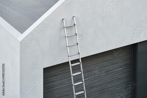 Ladder leaning against a modern textured wall and garage door