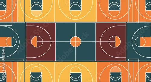 Abstract geometric pattern based on a basketball court top-down layout, featuring orange, teal, maroon, and yellow color blocks with white court markings and circular boundary lines.