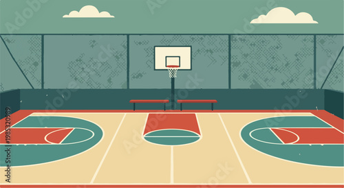 Flat vector illustration of an outdoor basketball court in a vintage style featuring a hoop, chain-link fence, red benches, and teal court markings with a distressed paper texture.