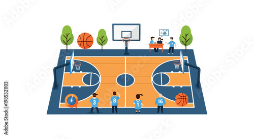 Flat vector infographic illustration of a basketball court featuring four players in blue jerseys, coaching staff at a desk, hoops, basketballs, and trees on a white background.