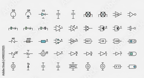 Collection of electronic circuit component symbols on white background.