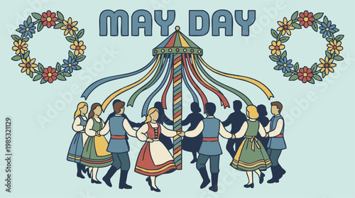May Day celebration with folk dancers and colorful maypole illustration