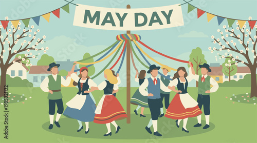 Spring May Day festival: people in folk costumes dancing around a maypole