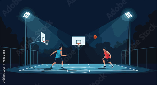 Vector illustration of two male athletes playing basketball on an outdoor court at night illuminated by two bright stadium floodlights, featuring hoops, court markings, and a ball in mid-air.