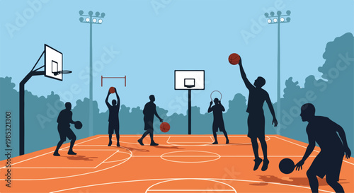 Vector illustration of male basketball player silhouettes in various action poses like jumping and dribbling on an outdoor orange court with hoops, floodlights, and tree line background.