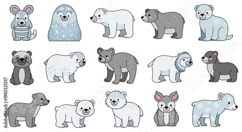 Various cartoon bears and animals standing.